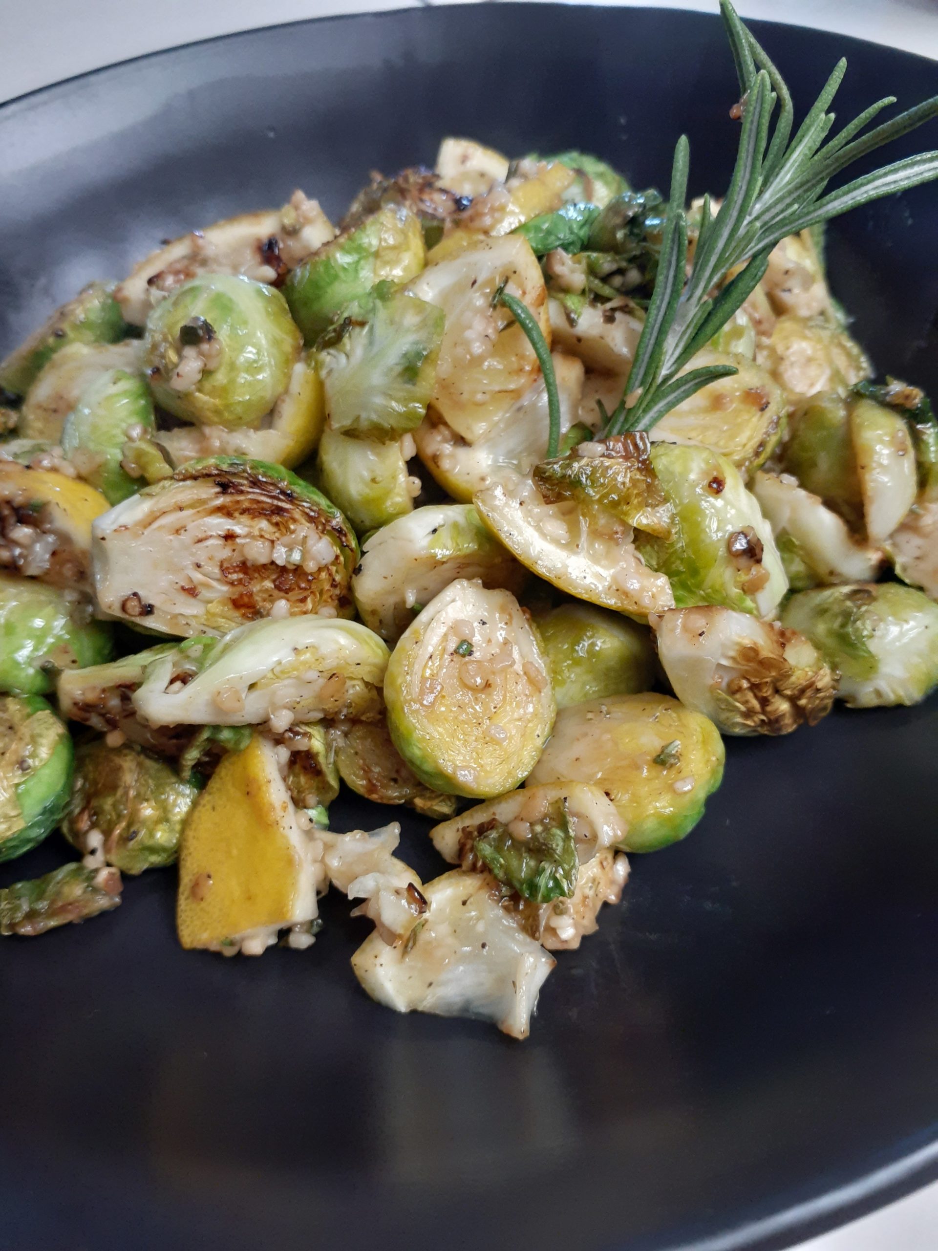 Garlicky-Lemon-Rosemary Brussel Sprouts by Stacey Amagrande