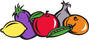 Illustration of produce including an apple, eggplant, peas, lemon, onion and orange