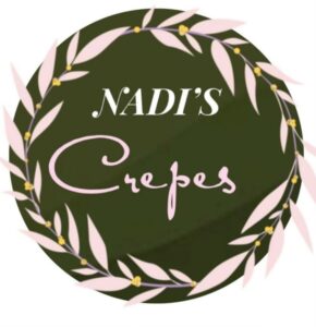 Nadi's Crepes logo on green circle with pink flowers surrounding it
