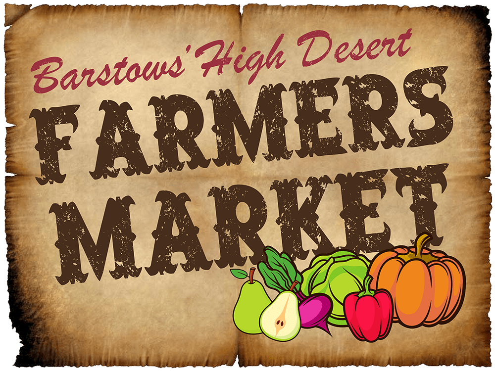 Barstows' High Desert Farmers Market logo with illustration of produce including a pear, turnip, pepper, cabbage, and pumpkin