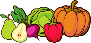 Illustration of produce including a pear, turnip, pepper, cabbage, and pumpkin